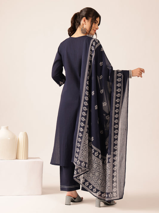 Navy Blue Geometric Straight Cotton Kurta Set