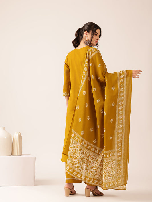 Mustard Geometric Straight Cotton Kurta Set