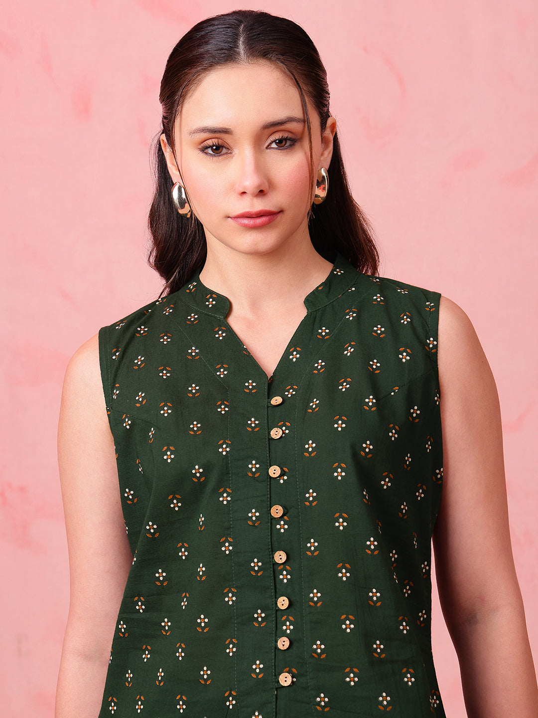 Mehendi Green Block Print Waistcoat Cotton Stitched Top