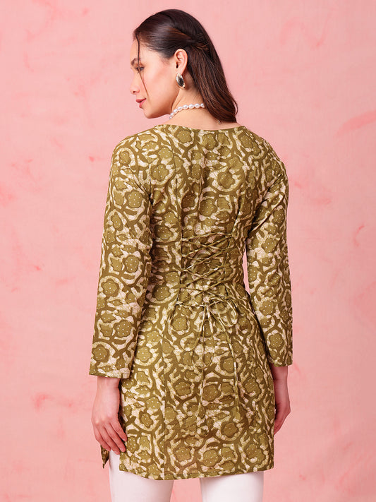Mehendi Green Indigo Print Straight Cotton Stitched Kurti