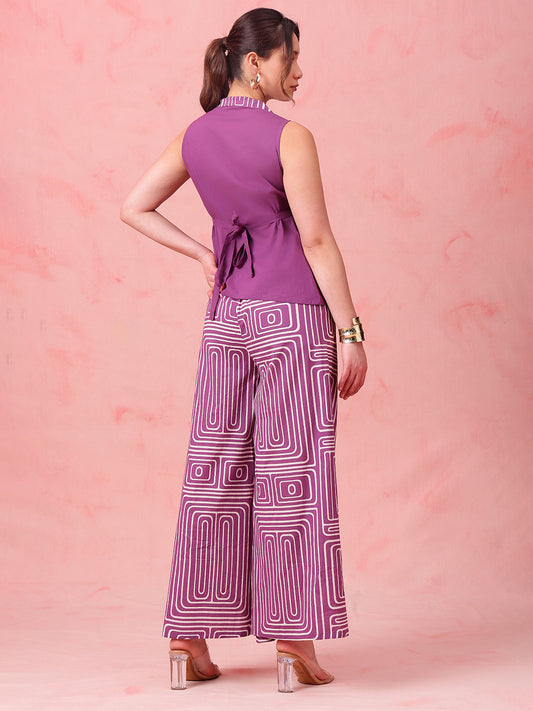 Purple Striped Straight Cotton Stitched Co-Ord Set