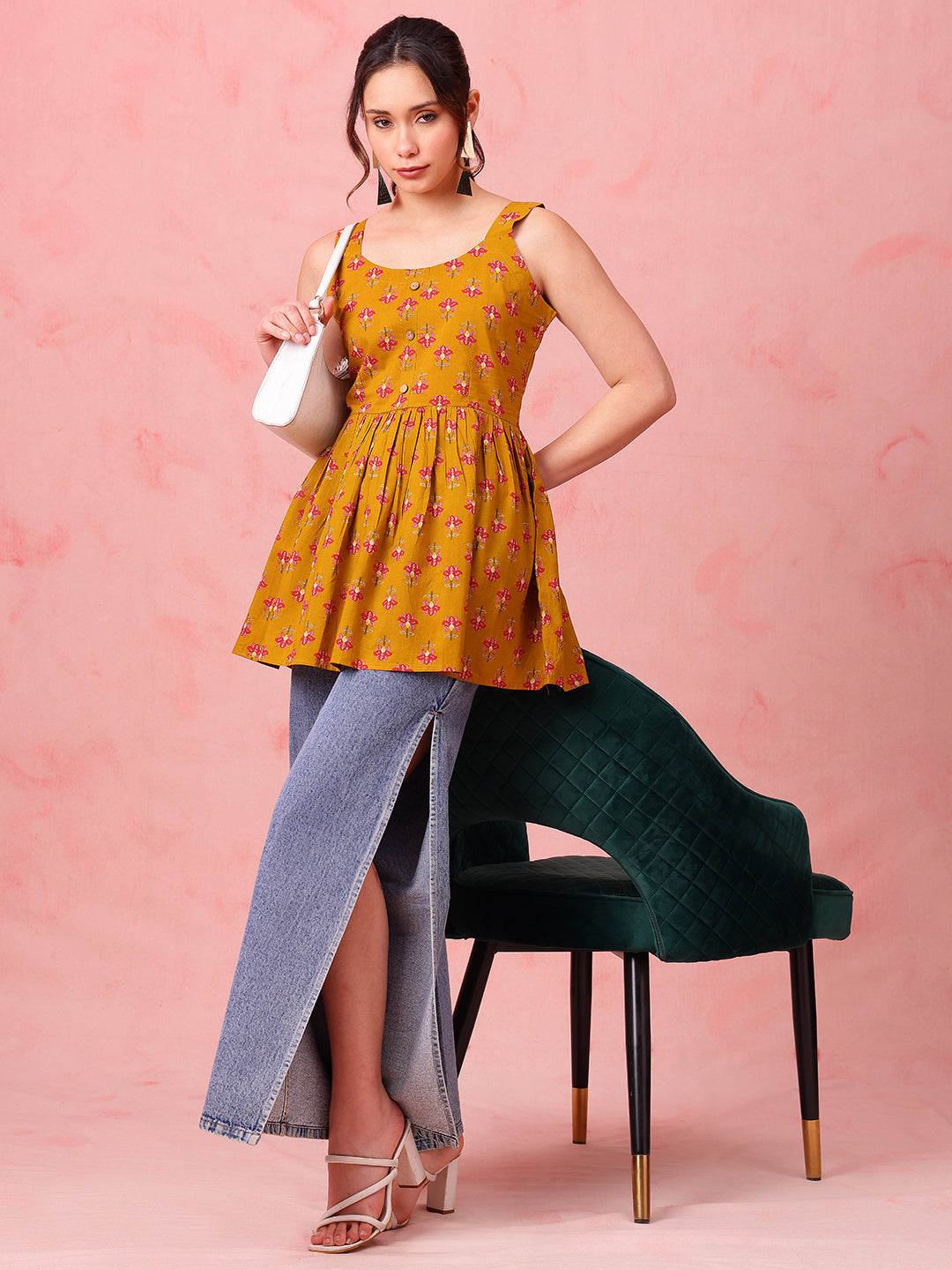 Mustard Floral Fit & Flare Cotton Stitched Tunic
