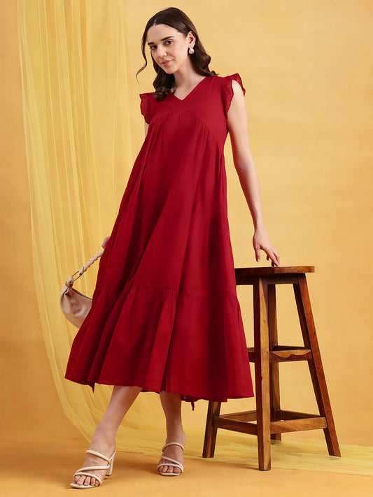 Red Solid Anarakali Cotton Stitched Dress