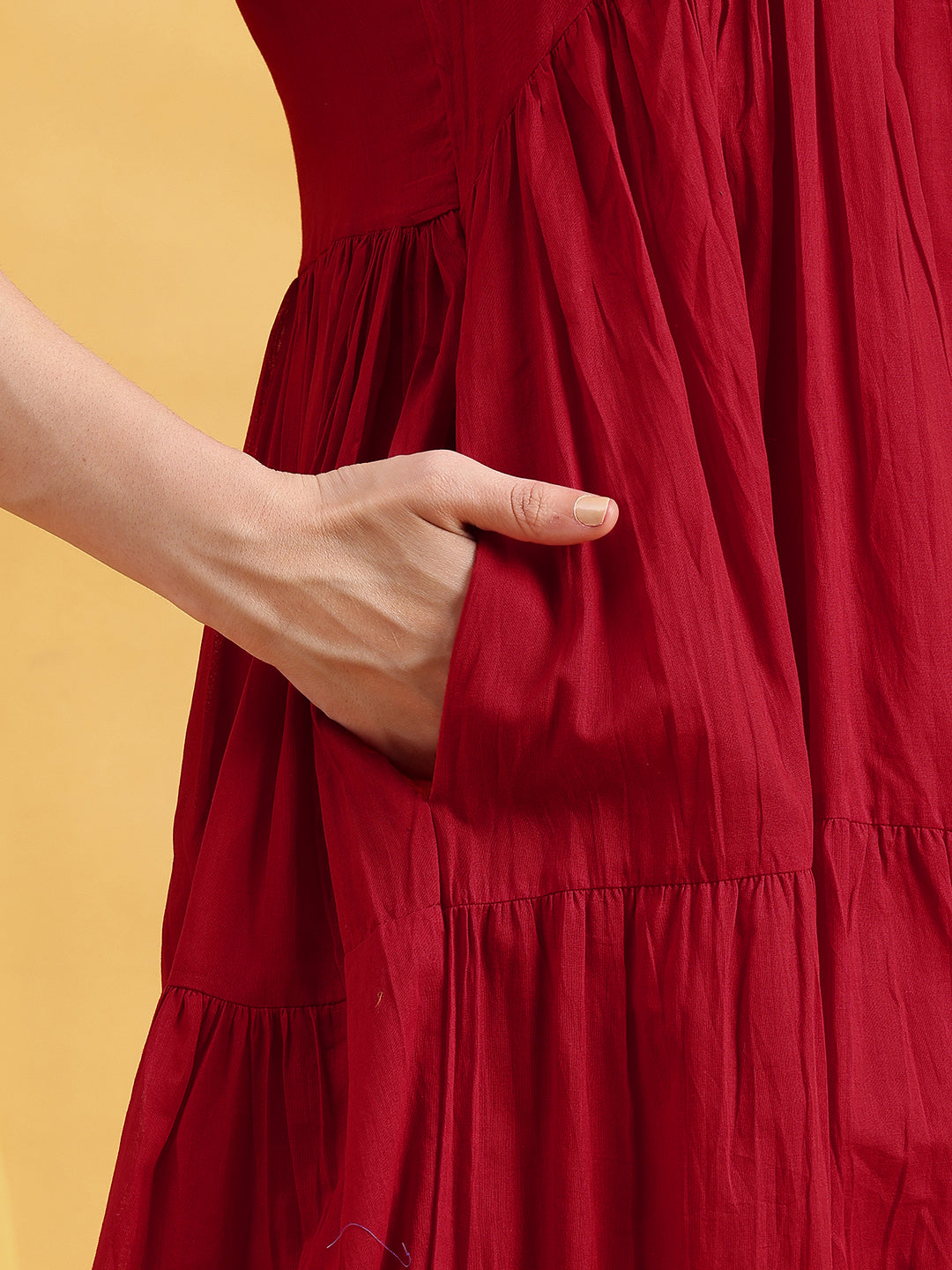 Red Solid Anarakali Cotton Stitched Dress