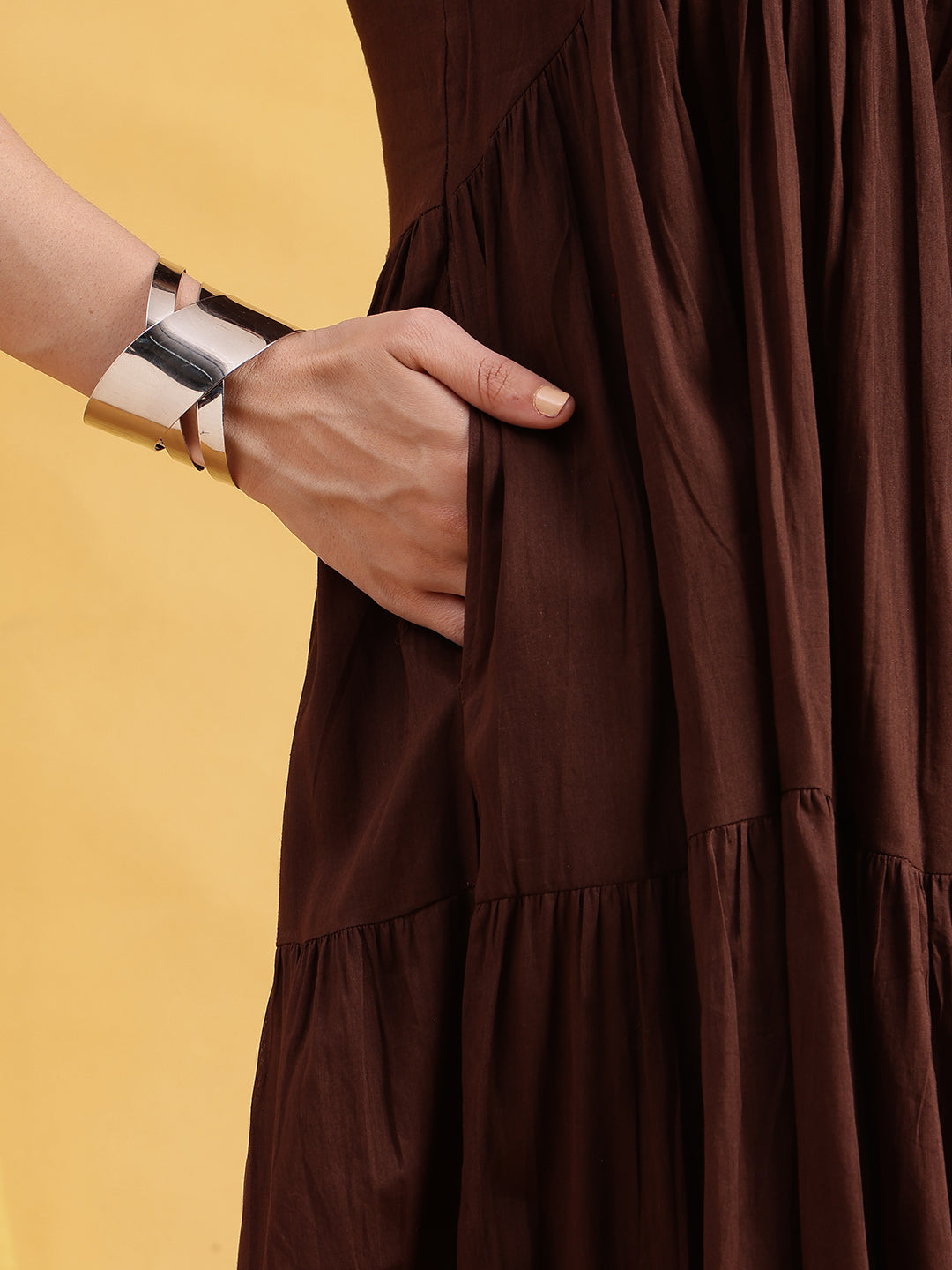 Coffee Solid Anarakali Cotton Stitched Dress