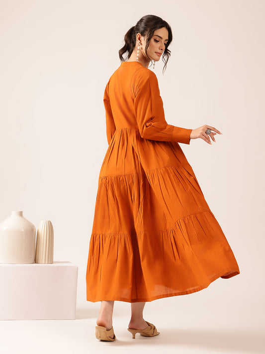 Rust Solid Flared Cotton Stitched Dress