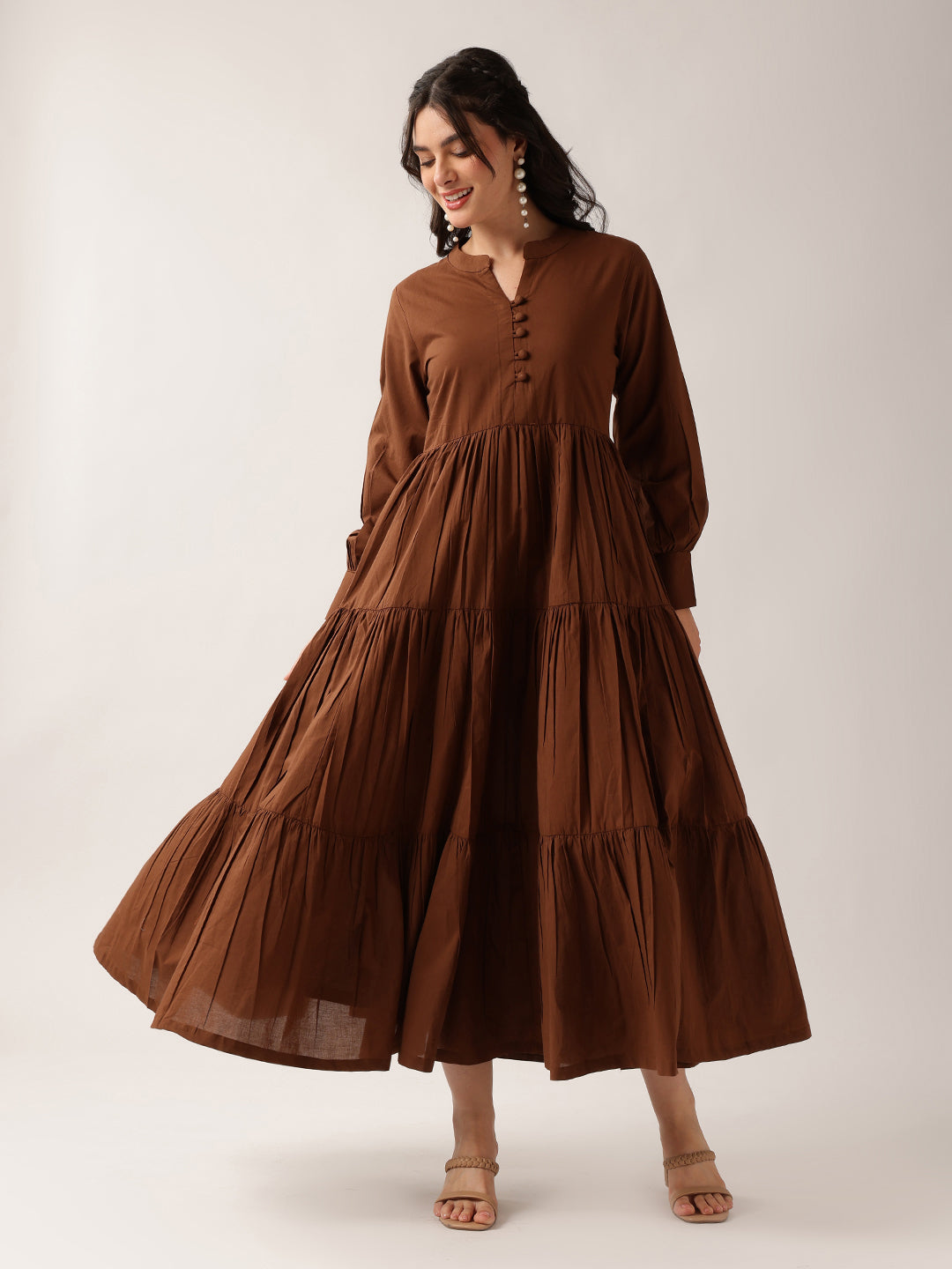 Coffee Solid Flared Cotton Dress