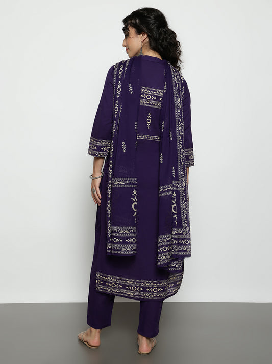 Purple Floral Straight Cotton Stitched Kurta, Pant With Dupatta