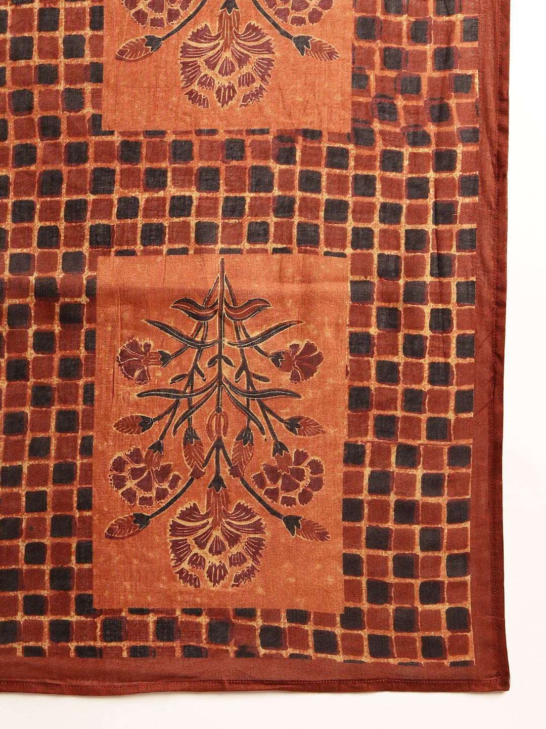 Brown Floral Print Straight Cotton Stitched Kurta Palazzo With Dupatta