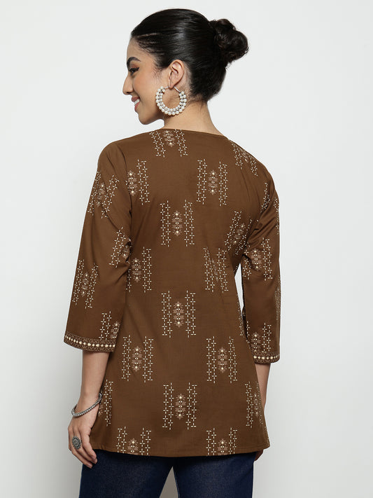 Coffee Foil Print A-Line Cotton Stitched Tunic