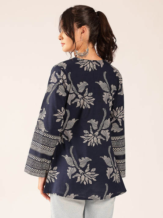 Turquoise Block Print A-Line Cotton Stitched Top