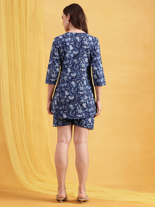 Blue Floral Straight Cotton Night Suit