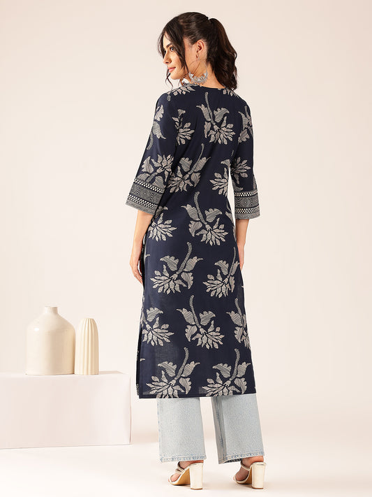 Turquoise Floral Straight Cotton Stitched Kurta