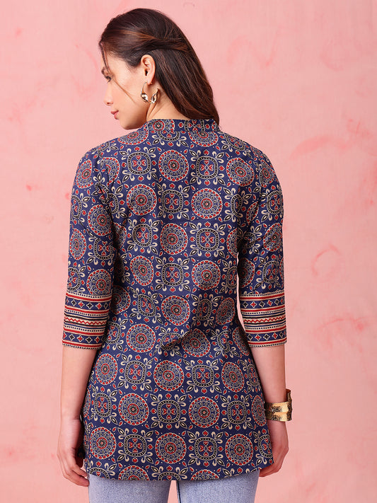 Navy Geometric Fit & Flare Cotton Stitched Tunic