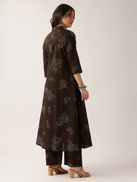 Brown Floral A-Line Cotton Kurta With Pant