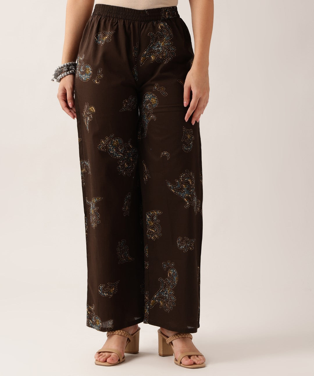 Brown Floral A-Line Cotton Kurta With Pant