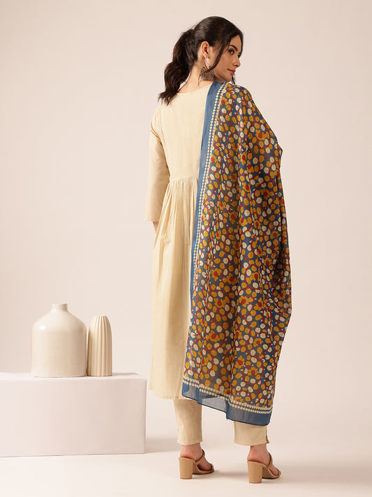 Cream Yoke Design A-Line Mul Cotton Kurta Set