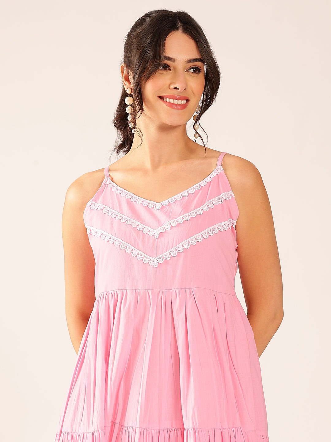 Light Pink Solid Flared Cotton Stitched Dress