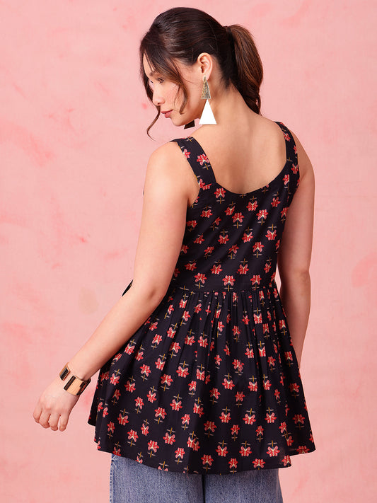 Black Floral Fit & Flare Cotton Stitched Tunic