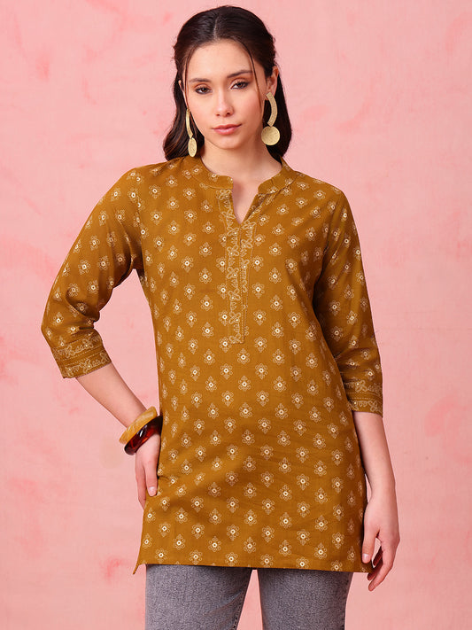 Mustard Foil Print Straight Cotton Stitched Tunic