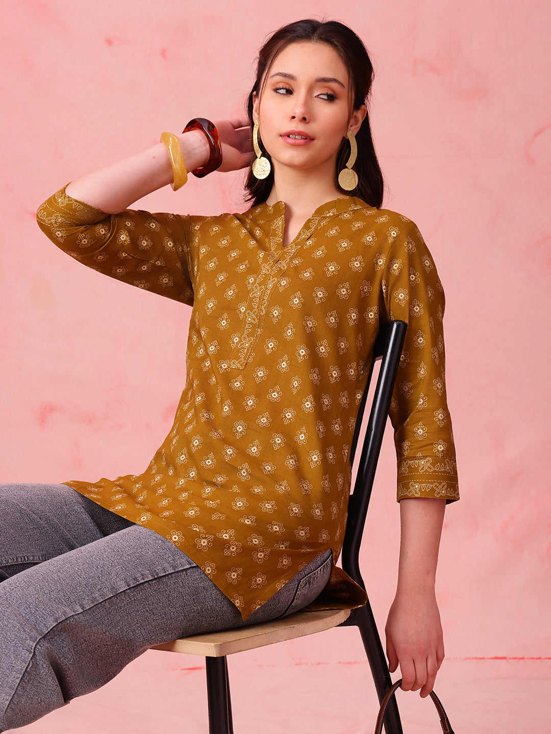 Mustard Foil Print Straight Cotton Stitched Tunic