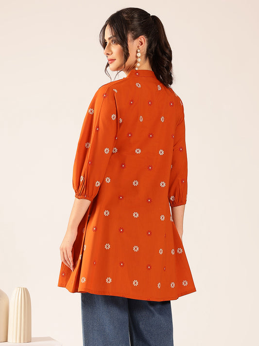 Rust Floral A-Line Cotton Stitched Kurta