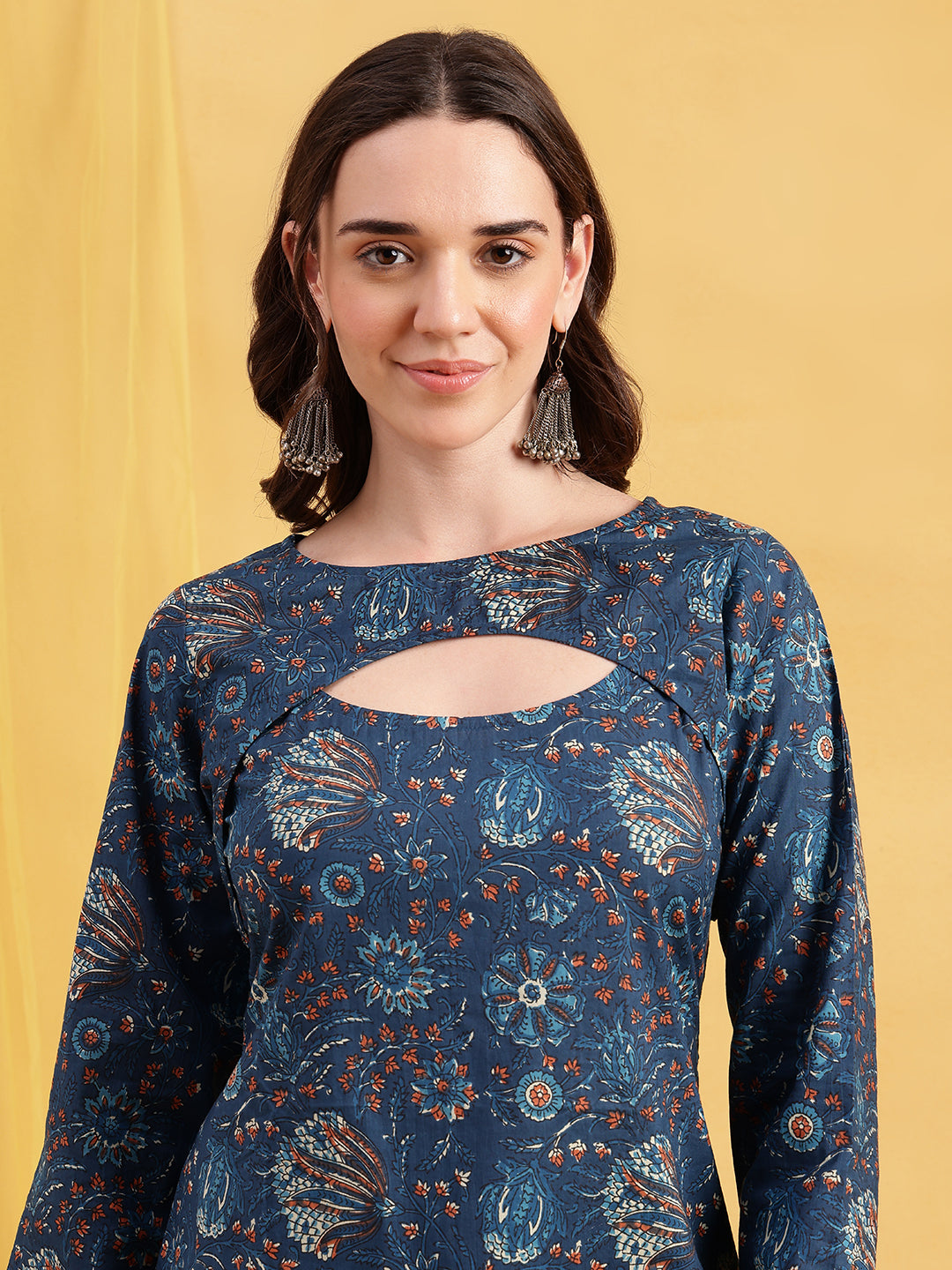 Blue Floral Straight Cotton Stitched Tunic