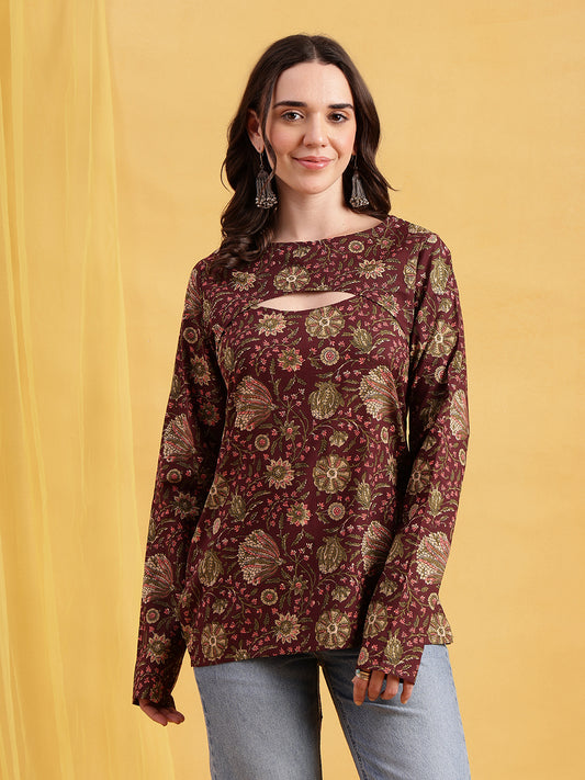 Wine Floral Straight Cotton Stitched Tunic