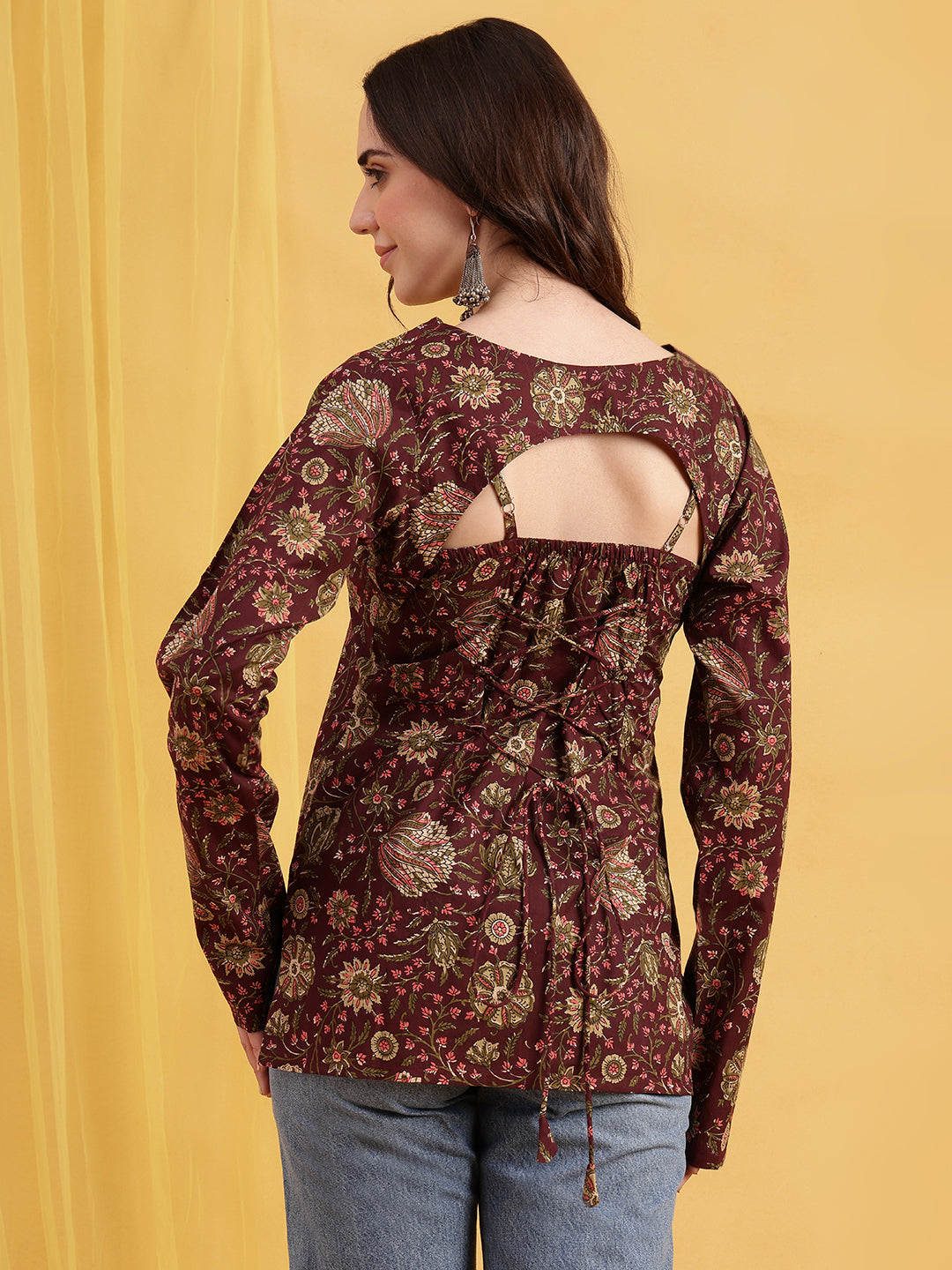 Wine Floral Straight Cotton Stitched Tunic