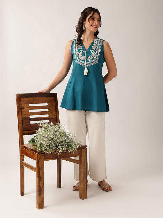 Teal Green Floral A-Line Cotton Tunic