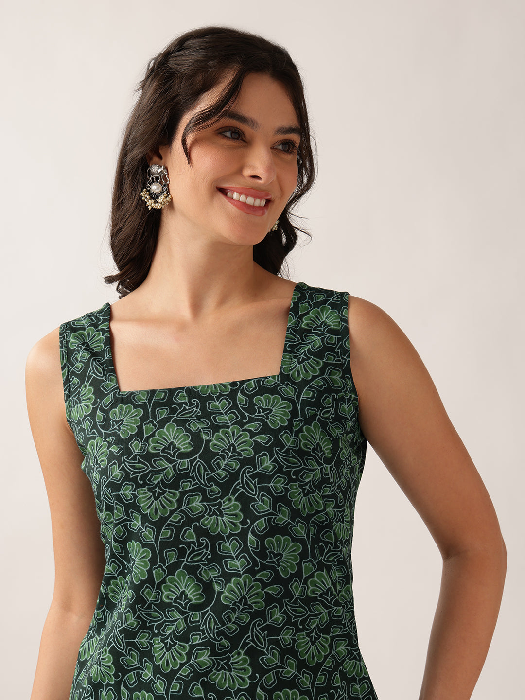 Green Floral Straight Cotton Tunic