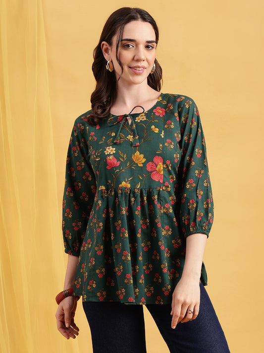 Green Floral Flared Cotton Stitched Tunic