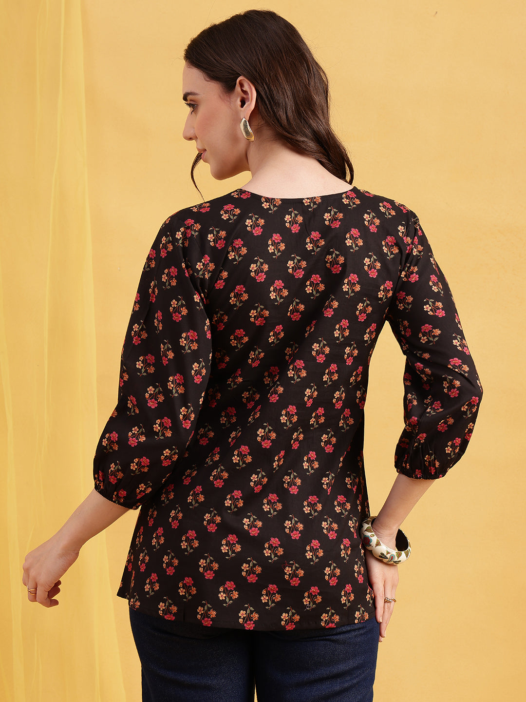 Black Floral Flared Cotton Stitched Tunic