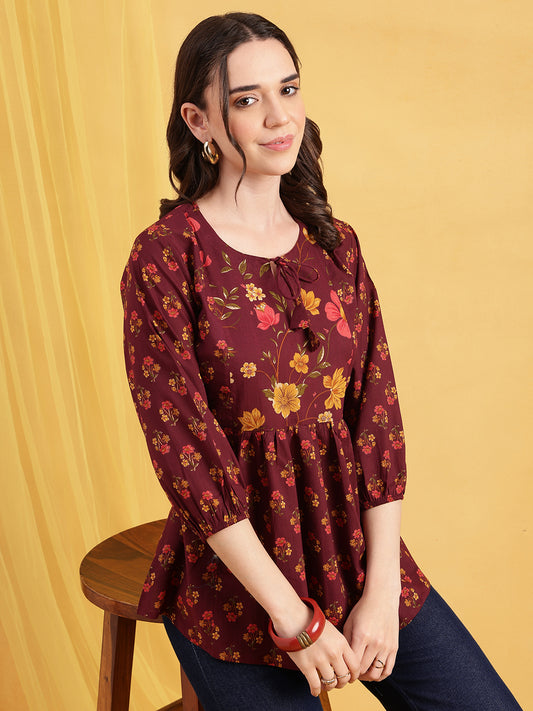 Wine Floral Flared Cotton Stitched Tunic