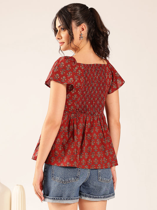 Maroon Floral Flared Cotton Stitched Peplum Top
