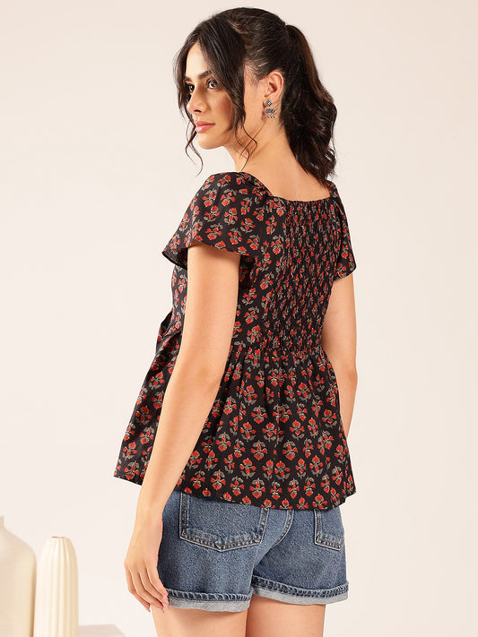 Black Floral Flared Cotton Stitched Peplum Top