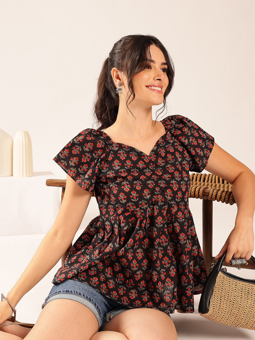 Black Floral Flared Cotton Stitched Peplum Top