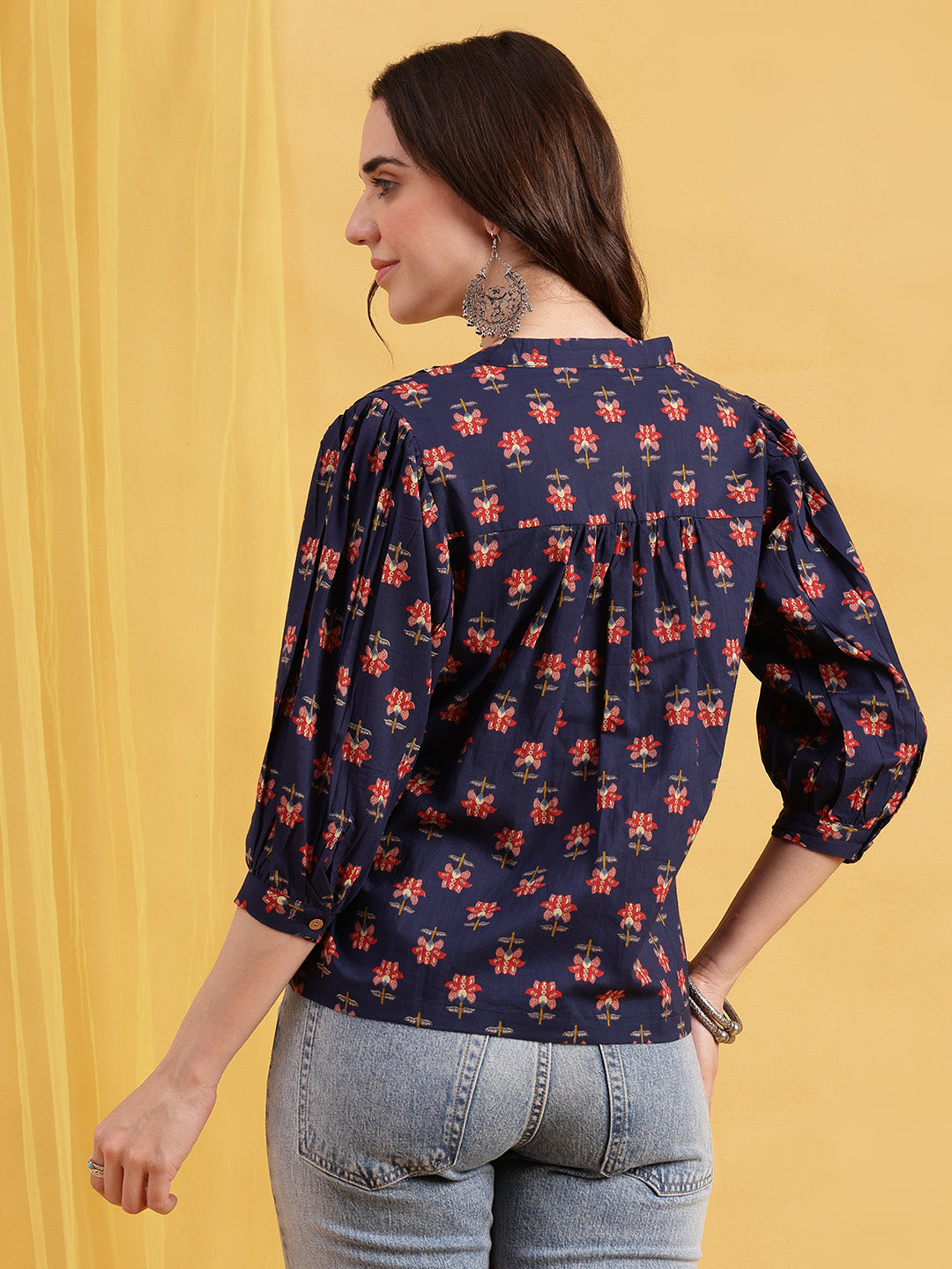 Blue Floral Straight Cotton Stitched Top
