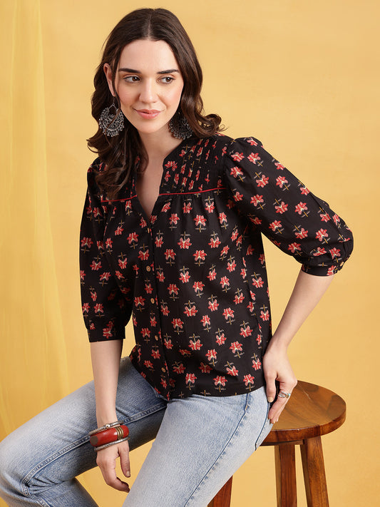 Black Floral Straight Cotton Stitched Top