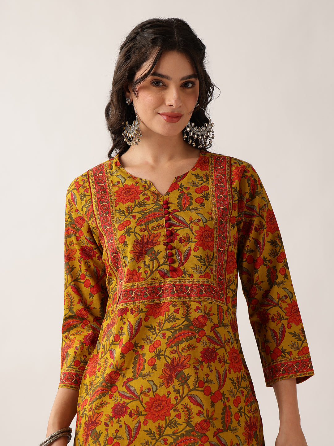 Yellow Floral Straight Cotton Kurta