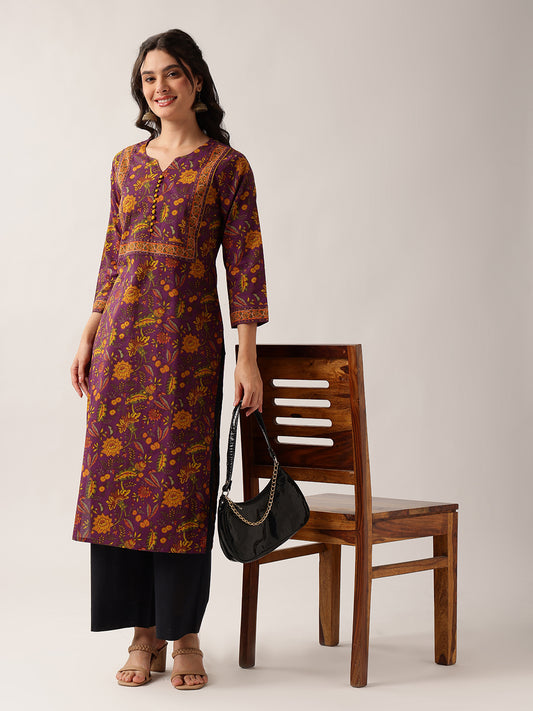 Purple Floral Straight Cotton Kurta