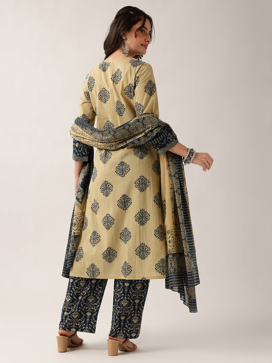 Navy Floral Straight Cotton Kurta Set