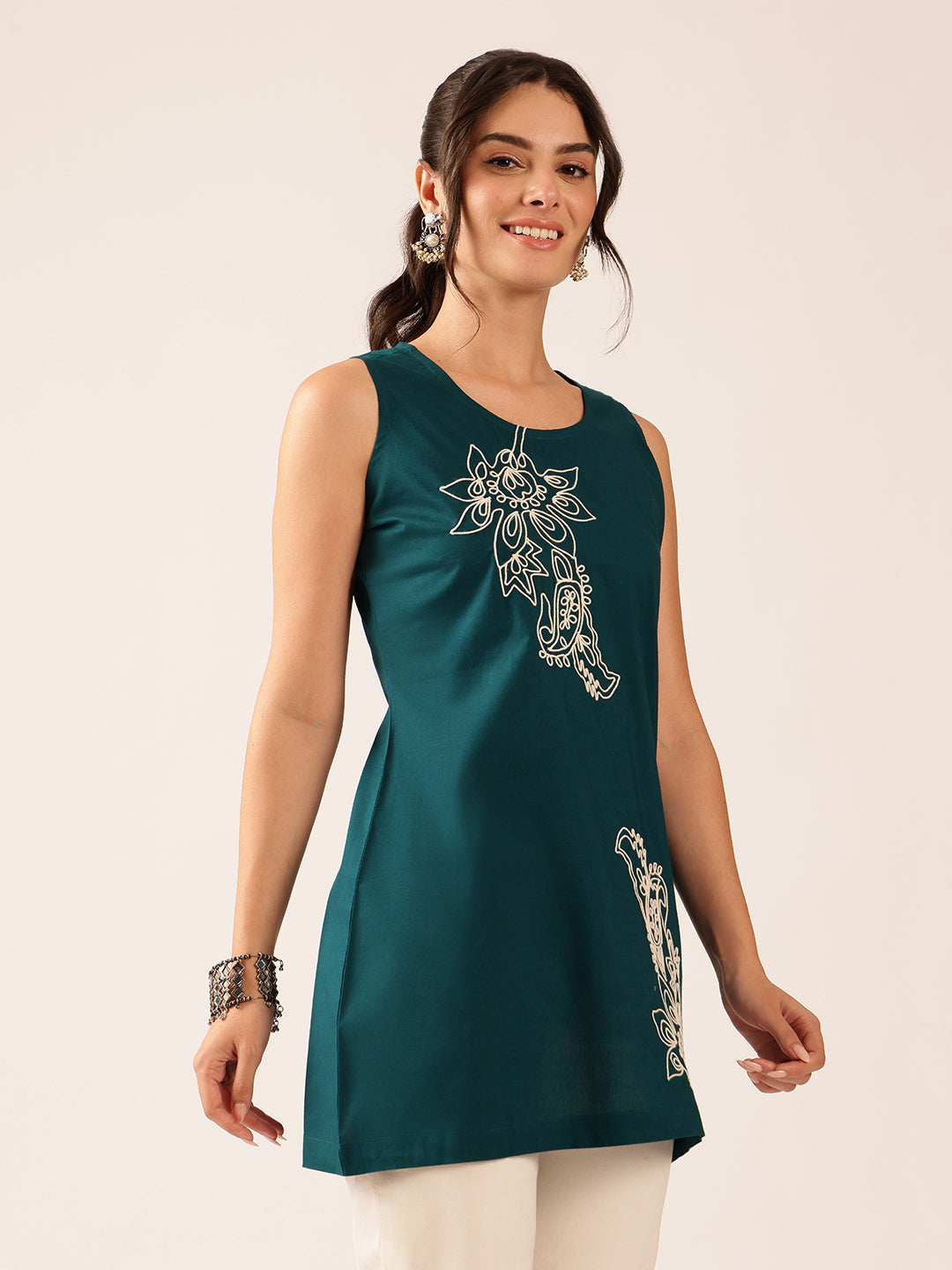 Teal Hand Work A-Line Cotton Stitched Tunic