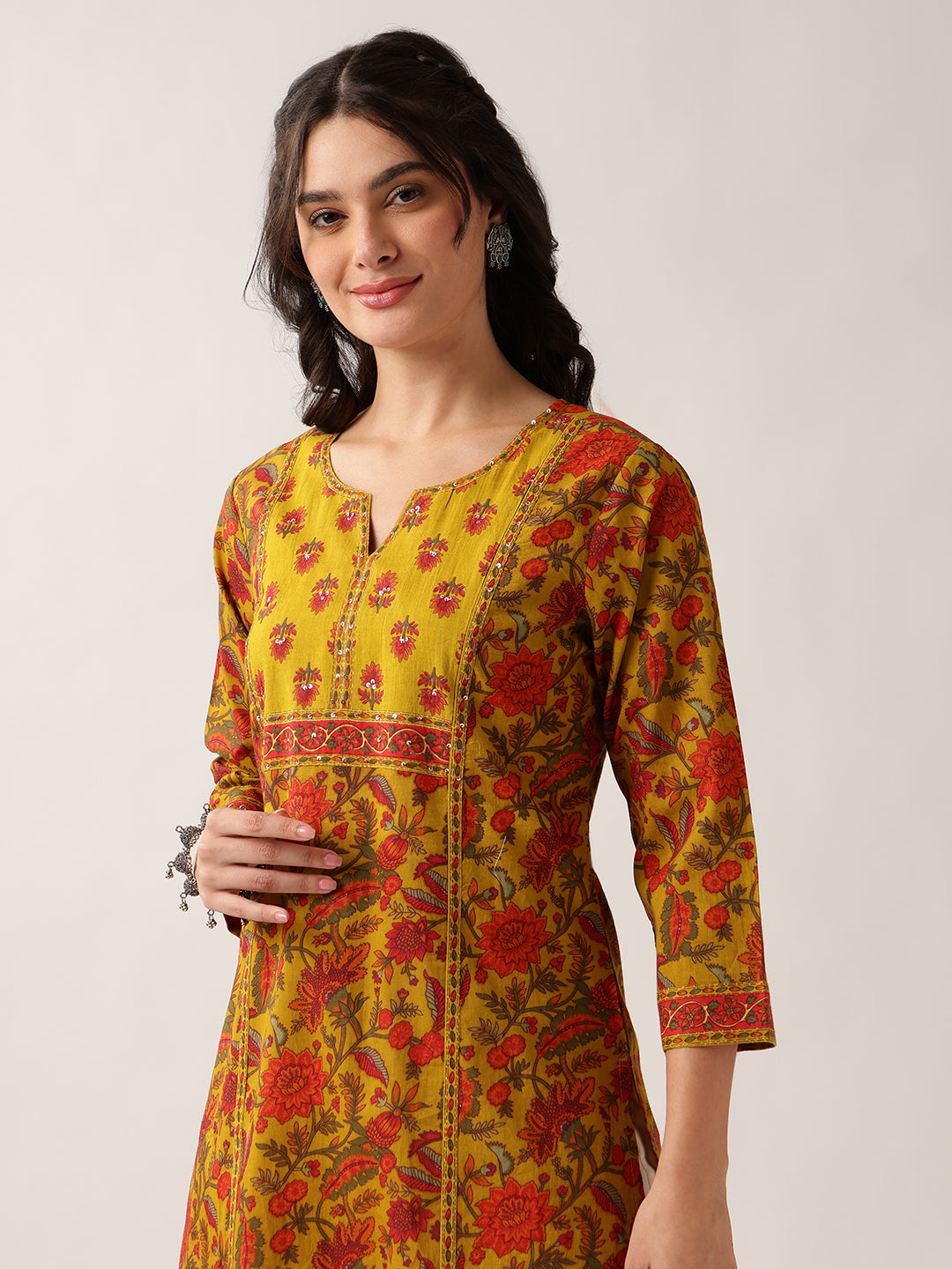 Yellow Floral Straight Cotton Kurta