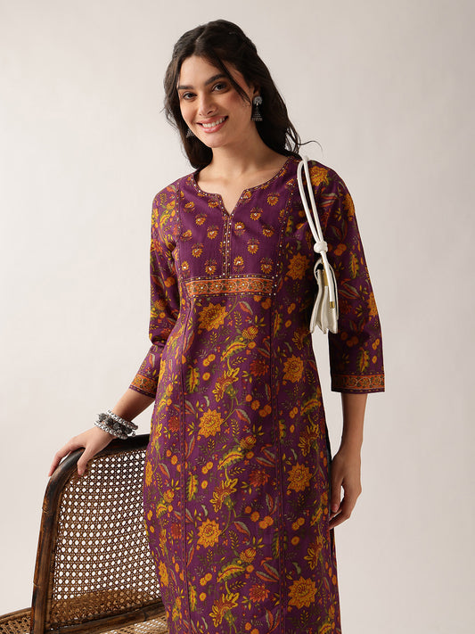 Purple Floral Straight Cotton Kurta