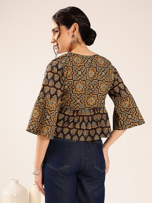 Brown Ajrakh Flared Cotton Stitched Top