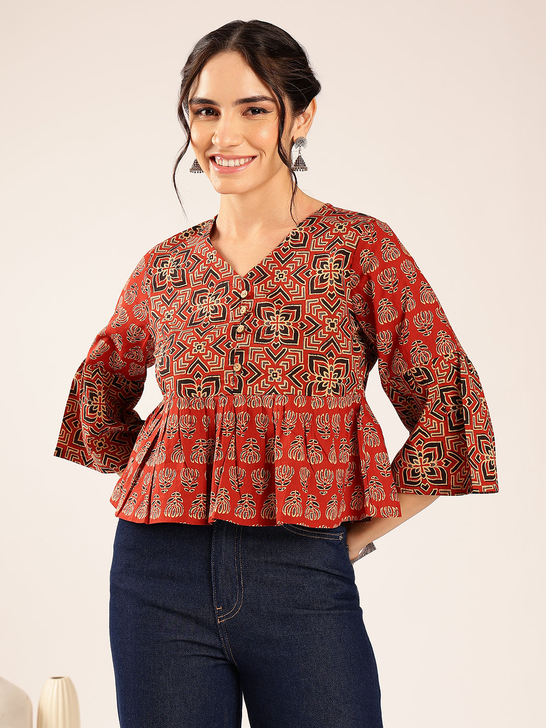 Red Ajrakh Flared Cotton Stitched Top