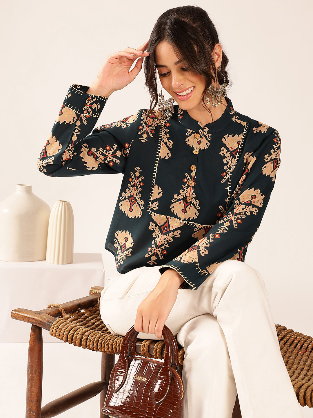 Navy Ikat Print Curved Cotton Stitched Top