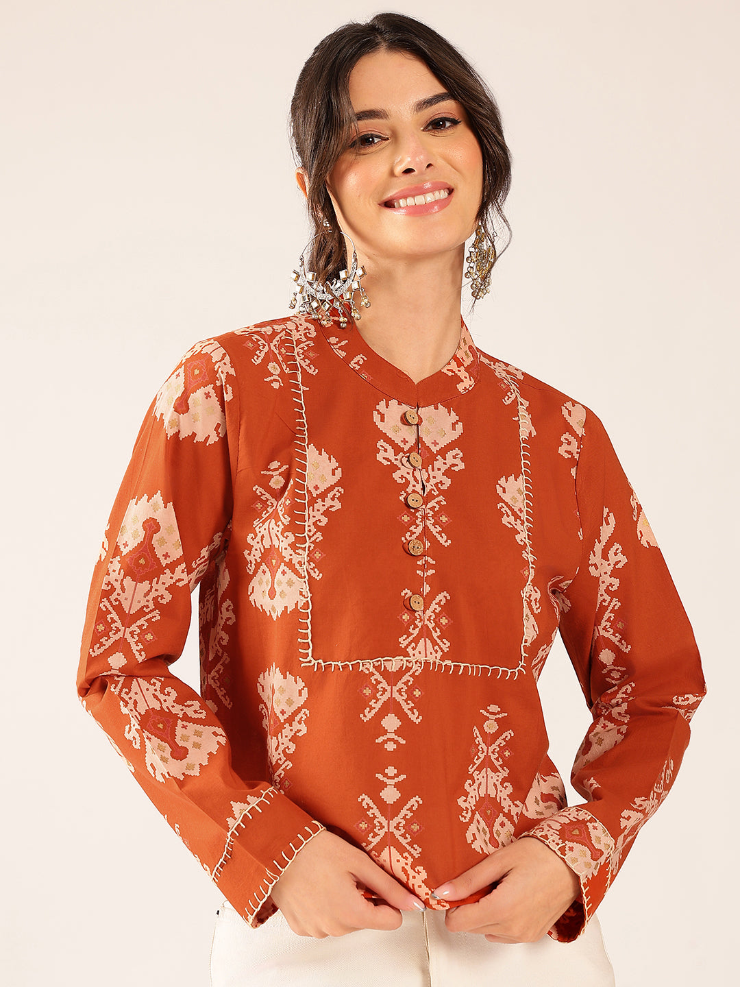 Rust Ikat Print Curved Cotton Stitched Top