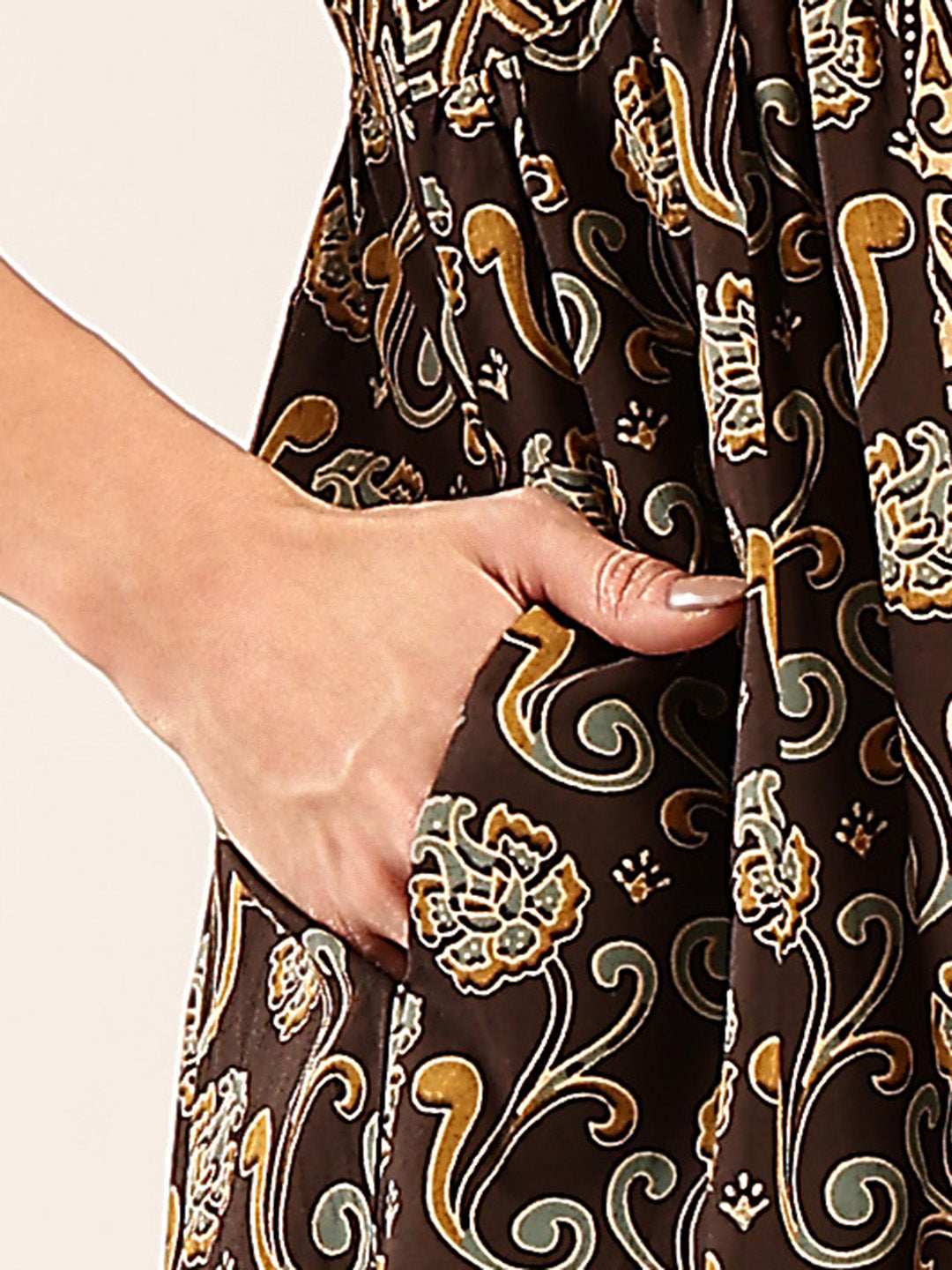 Brown Geometric Print Flared Cotton Stitched Dress